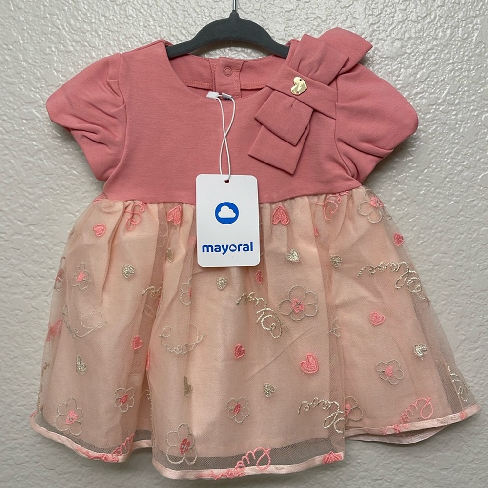 Mayoral pink baby dress with embroidered love and heart print NWT
